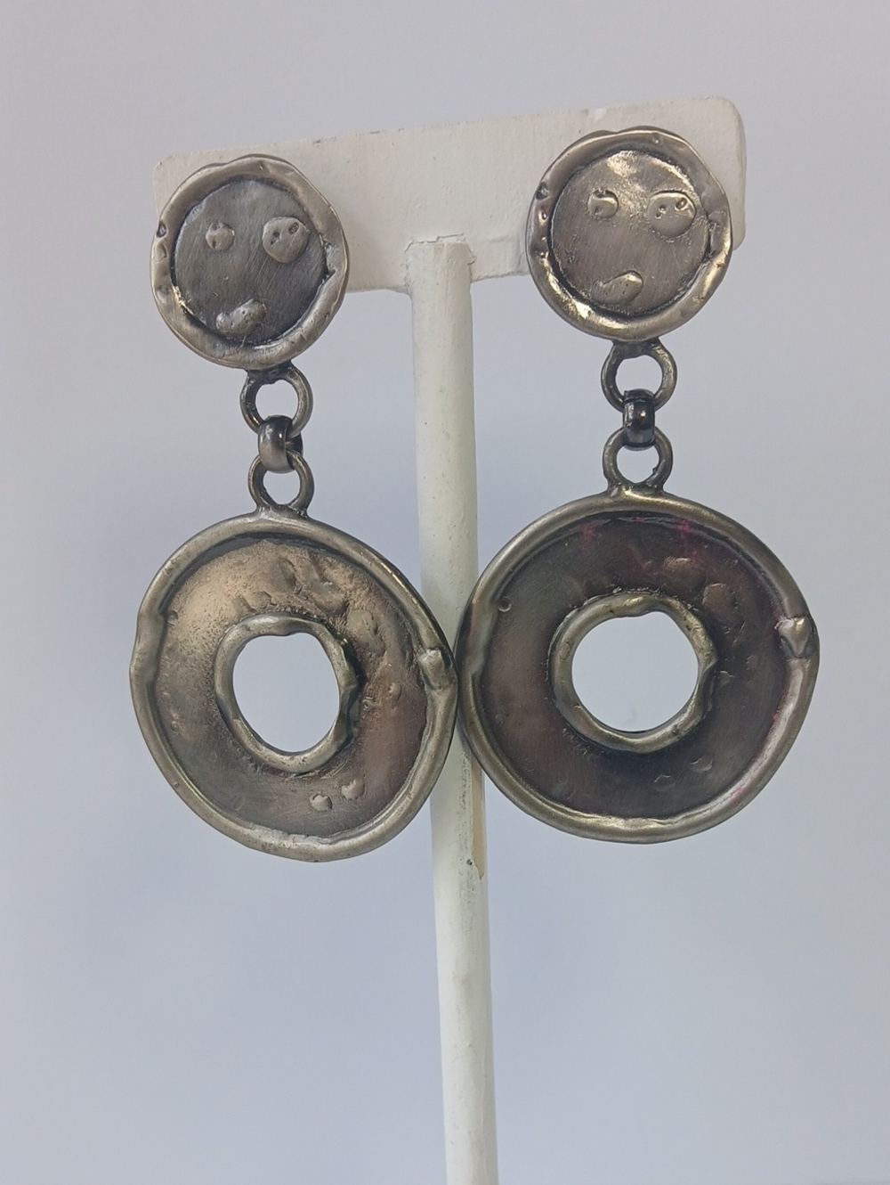 Boho Modernist Brutalist Hammered Textured Silver Gun Metal Clip-on Earrings